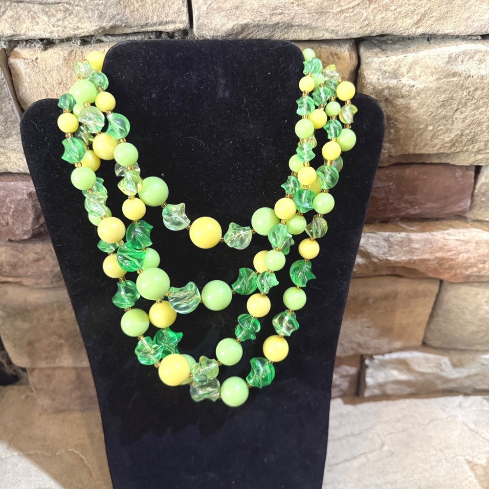Vintage Green Yellow Triple Strand Beaded Necklace Citrus Mid Century Statement
